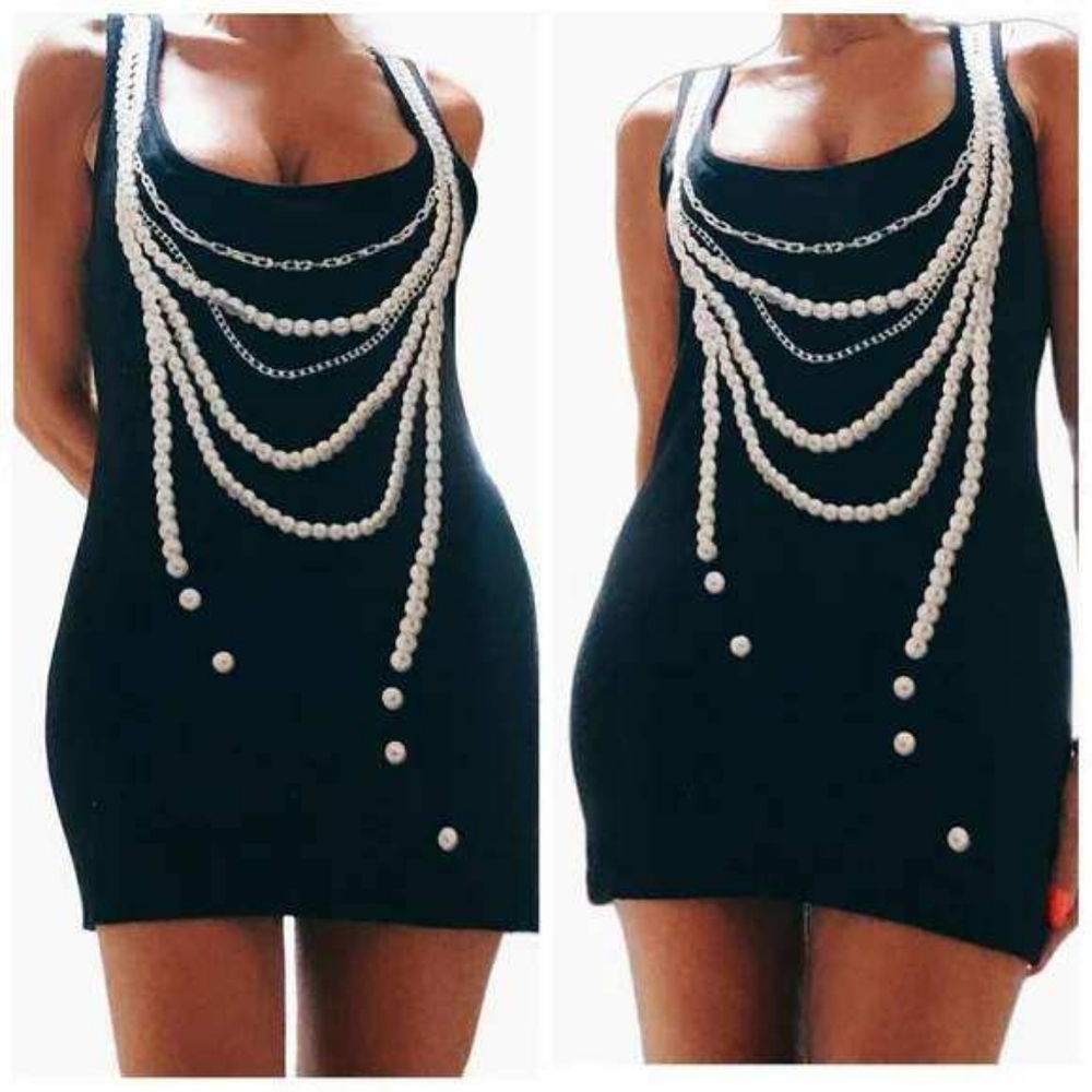 Pearl Necklace Print Black Mini Bodycon Dress SZ Medium